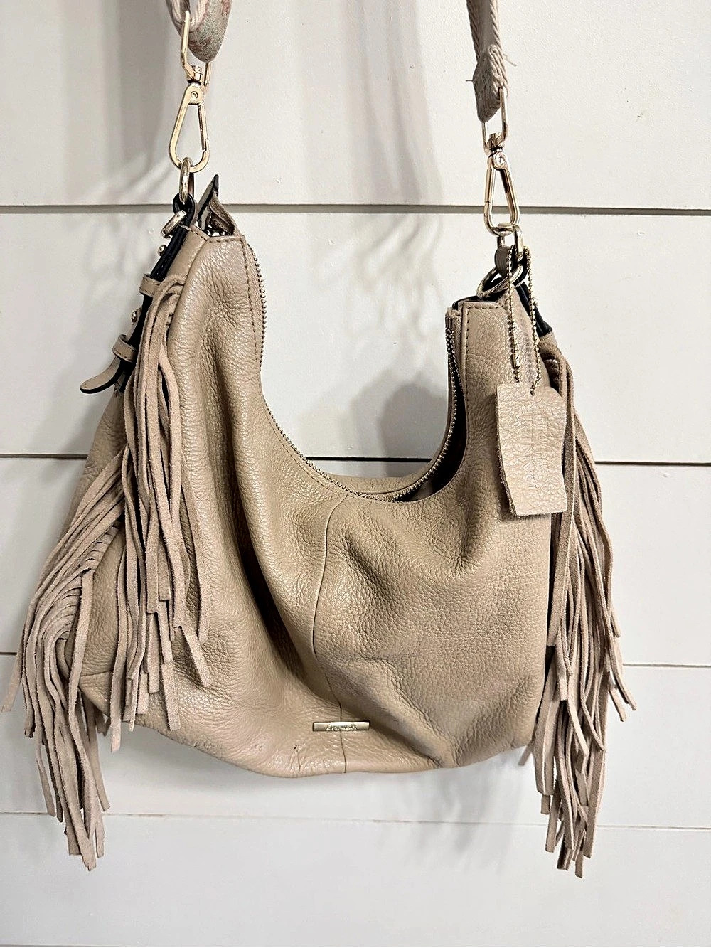 Danier Leather Fringe Shoulder Bag in Beige
